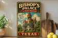 A vintage-style sign for "Bishop's Palace" in Texas, featuring a castle-like building with a red roof and surrounded by trees.