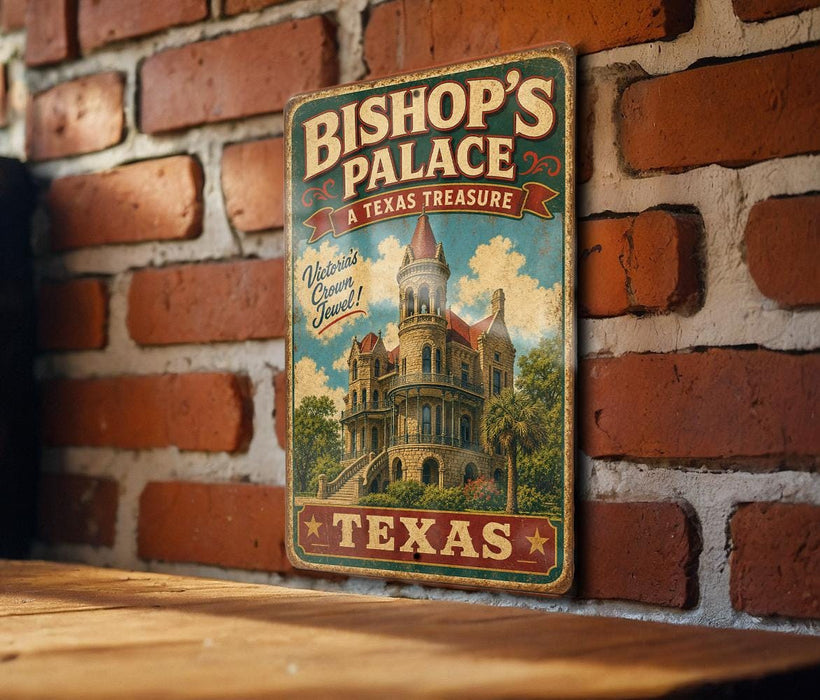 A vintage-style metal sign for Bishop's Palace, a Texas treasure, is displayed on a brick wall.