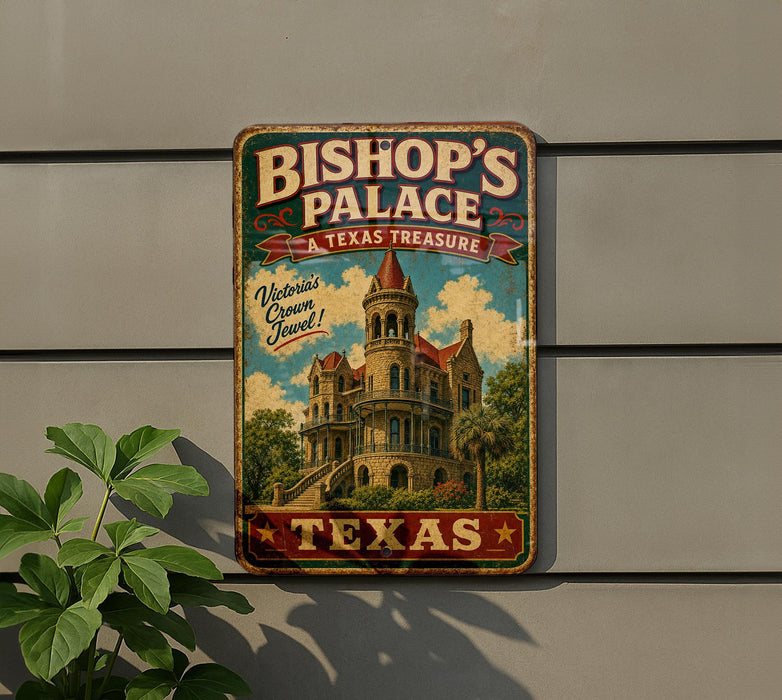 A vintage-style metal sign for Bishop's Palace, advertising it as a "Texas Treasure".