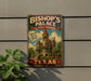 A vintage-style metal sign for Bishop's Palace, advertising it as a "Texas Treasure".