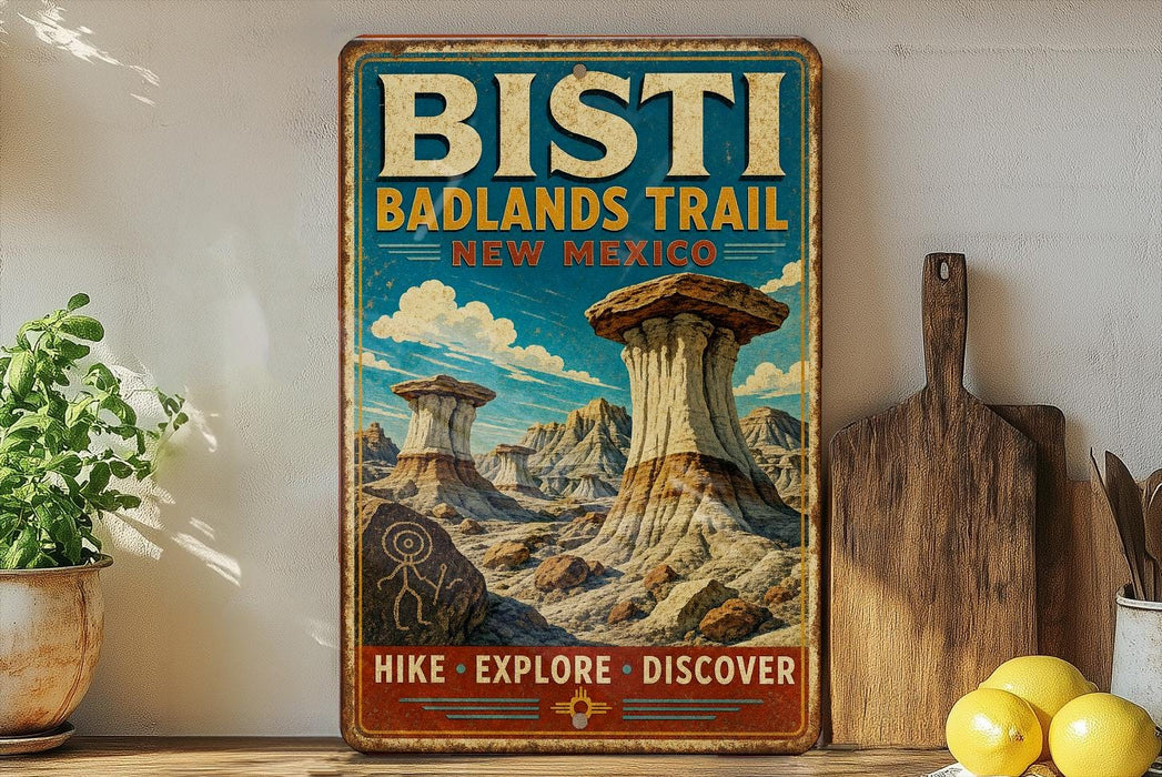A vintage-style poster advertising the Bisti Badlands Trail in New Mexico, featuring a scenic illustration of the trail and rock formations.