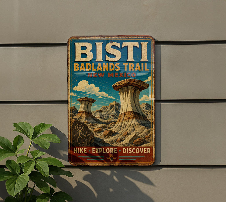 A vintage-style metal sign for the Bisti Badlands Trail in New Mexico, featuring a scenic illustration of the trail and rock formations.