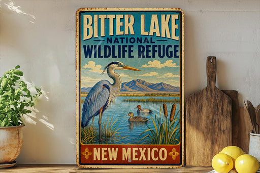 A vintage-style metal sign for the Bitter Lake National Wildlife Refuge in New Mexico, featuring an illustration of a heron and ducks in a lake.