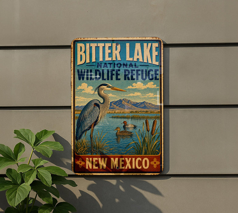 A vintage-style metal sign for the Bitter Lake National Wildlife Refuge in New Mexico, featuring a large blue heron and other wildlife in a scenic landscape.