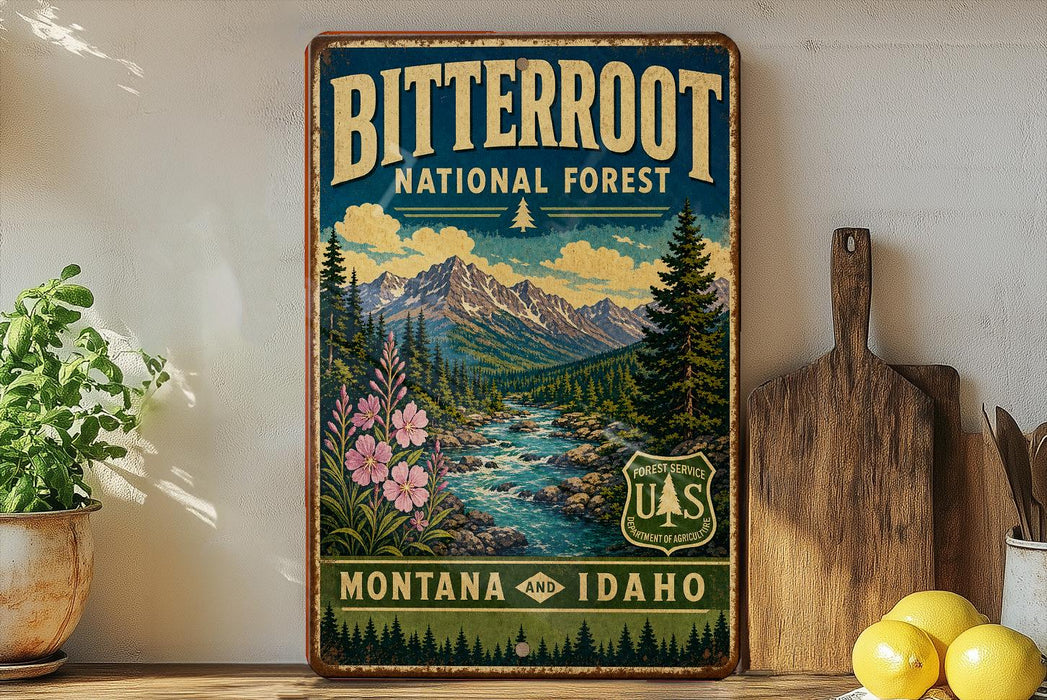 A vintage-style poster of the Bitterroot National Forest in Montana and Idaho, featuring a scenic mountain landscape with a river and pine trees.