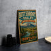 A vintage-style metal sign for Bitterroot Valley Heritage Landscape, featuring a scenic mountain landscape with a river and pine trees.