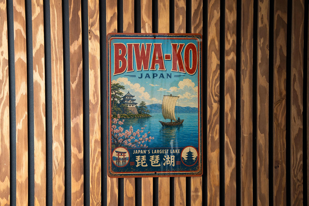 a vintage-style metal sign with the text "BIWA-KO JAPAN" and a depiction of a traditional Japanese sailboat on a body of water.