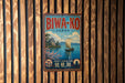 a vintage-style metal sign with the text "BIWA-KO JAPAN" and a depiction of a traditional Japanese sailboat on a body of water.