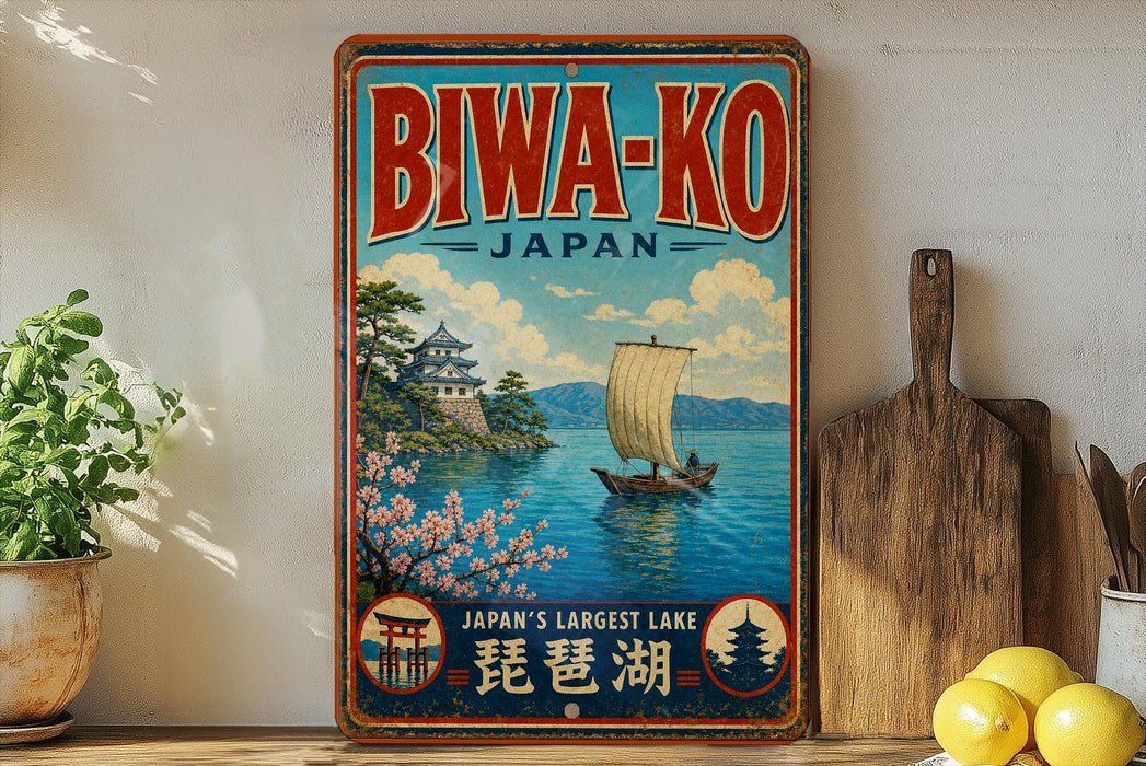 a vintage-style sign for Bwa-ko, Japan, with a scenic illustration of a boat sailing on a lake and a temple in the background. The sign also includes text that reads "Bwa-ko Japan" and "Japan's largest lake", indicating the location and its significance.