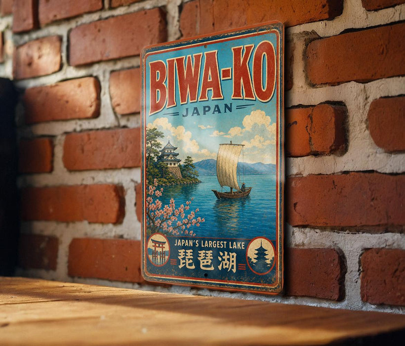 a vintage-style sign for Bwa-ko, Japan, which is described as the largest lake in Japan. The sign is hanging on a brick wall, and there is a wooden table below it.