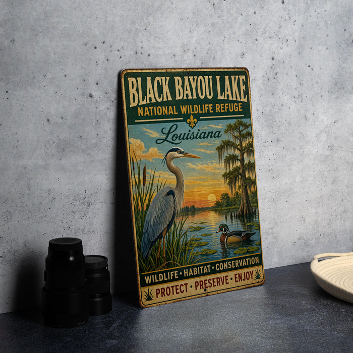 A vintage metal sign for Black Bayou Lake, Louisiana, featuring an illustration of a heron and a duck in a natural setting.
