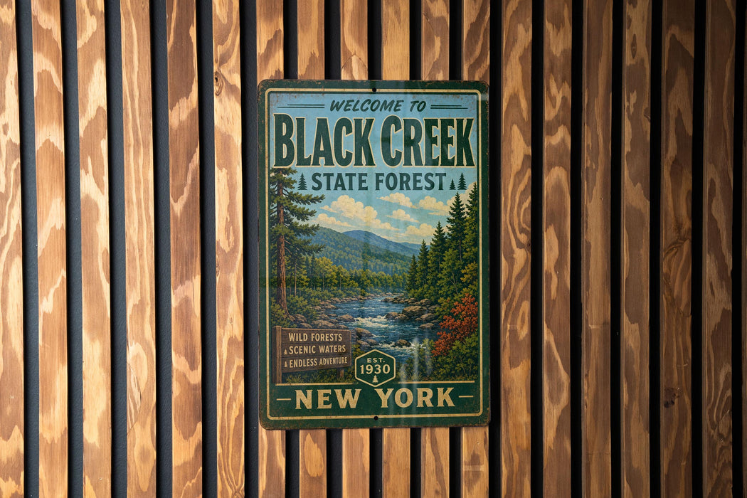 a vintage-style sign for Black Creek State Forest in New York, with a scenic illustration of a forest and a river.