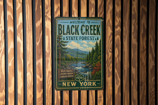 a vintage-style sign for Black Creek State Forest in New York, with a scenic illustration of a forest and a river.