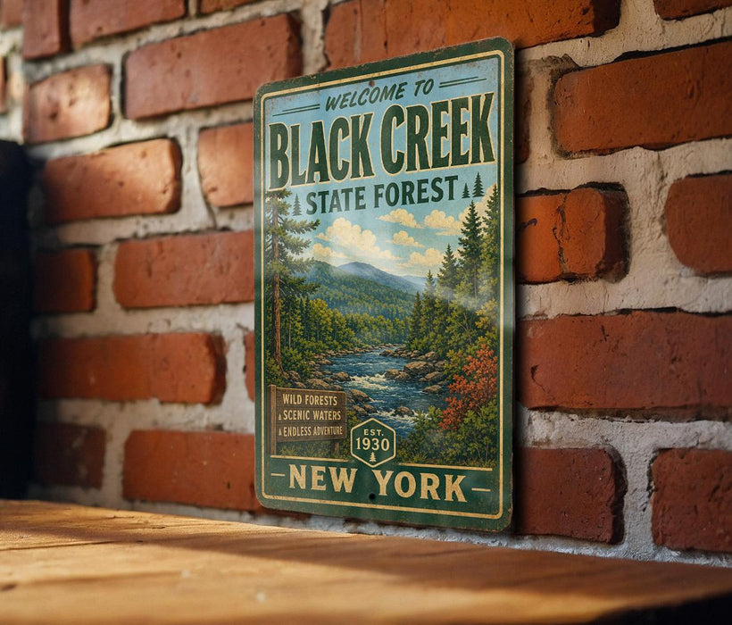 a vintage-style metal sign with a scenic forest landscape, mounted on a brick wall.