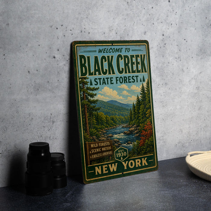 A vintage-style metal sign welcoming visitors to Black Creek State Forest in New York, featuring a scenic illustration of the forest and a river.