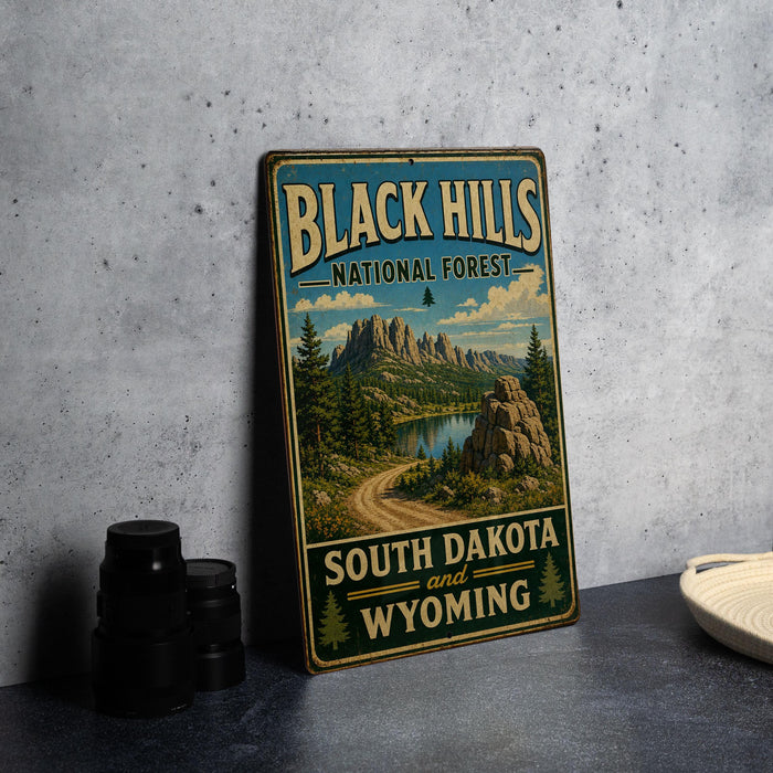 A vintage-style metal sign for the Black Hills National Forest, featuring a scenic landscape with mountains, a lake, and a road leading through the forest.