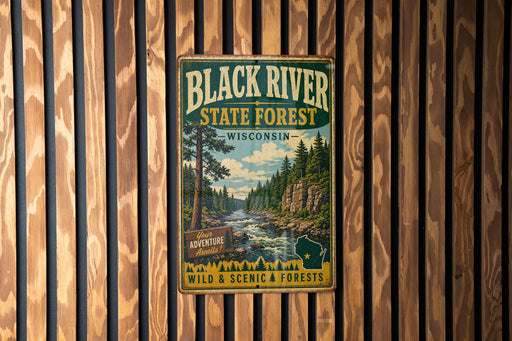 A vintage metal sign for the Black River State Forest in Wisconsin, featuring a scenic illustration of a river surrounded by pine trees and mountains.