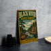 A vintage-style metal sign for the Black River State Forest in Wisconsin, featuring a scenic illustration of a forest and a river.