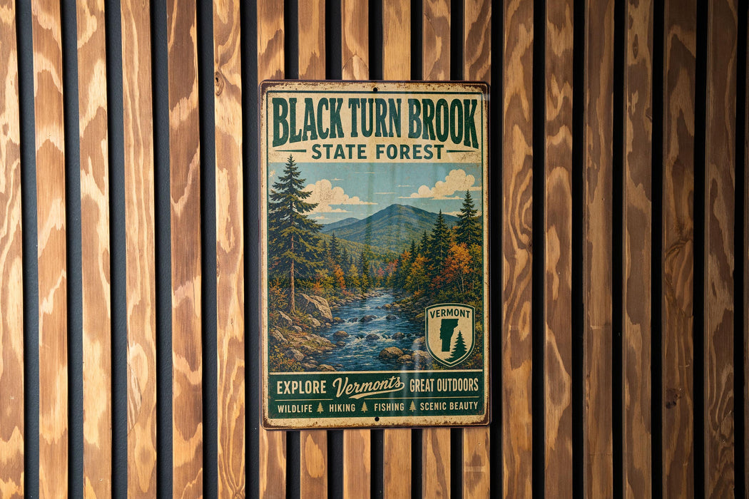A vintage-style metal sign for Black Turn Brook State Forest, featuring a scenic illustration of a forest with a river and mountains in the background.