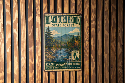 A vintage-style metal sign for Black Turn Brook State Forest, featuring a scenic illustration of a forest with a river and mountains in the background.