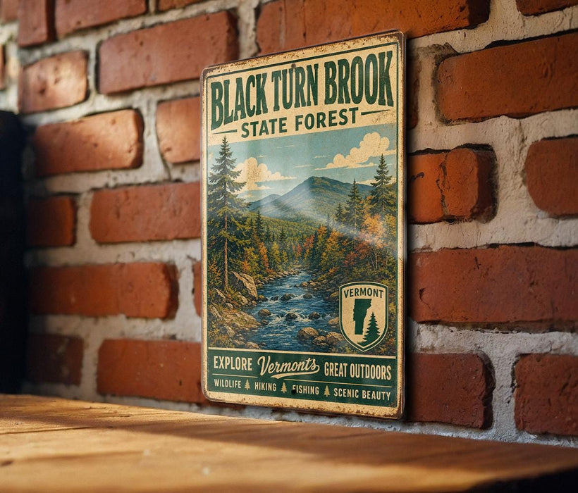 A vintage metal sign for Black Turn Brook State Forest in Vermont, featuring a scenic mountain landscape and a river.