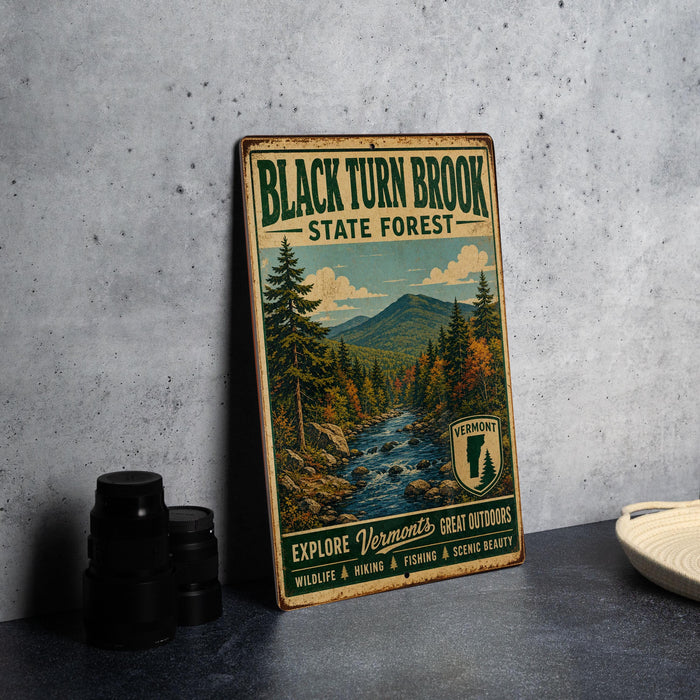 A vintage-style metal sign for Black Turn Brook State Forest, featuring a scenic illustration of a forest with a river and mountains in the background.
