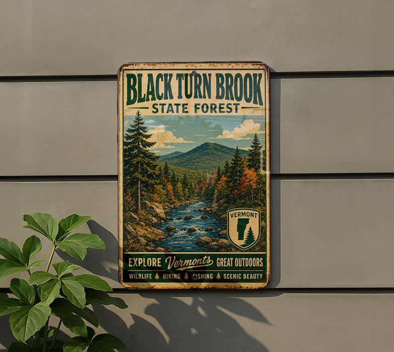 A vintage-style metal sign for Black Turn Brook State Forest in Vermont, featuring a scenic image of a forest with a river and mountains in the background.