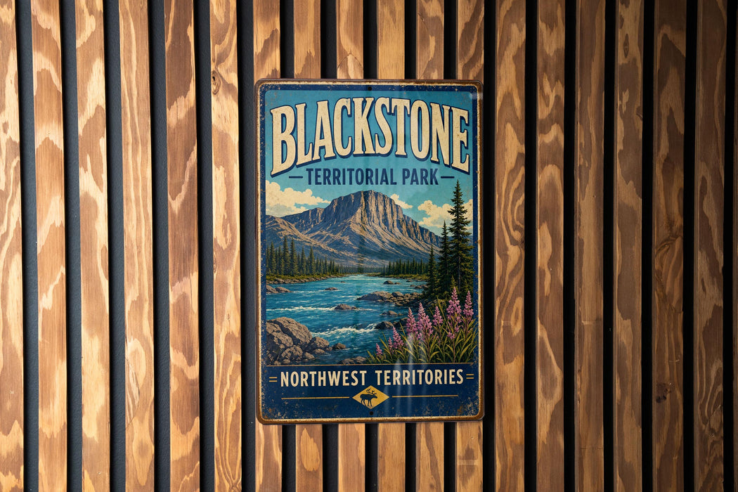 A vintage-style metal sign for Blackstone Territorial Park, featuring a mountain landscape with a river and pine trees.
