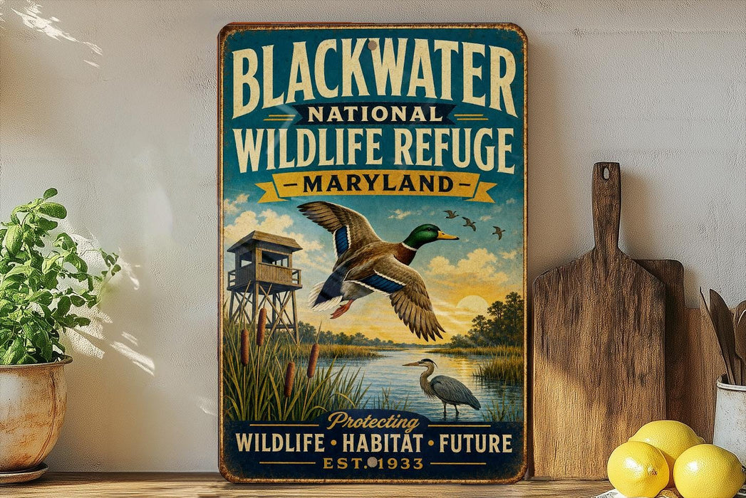A vintage-style metal sign for the Blackwater National Wildlife Refuge in Maryland, featuring an illustration of ducks and a bird in flight over a body of water.