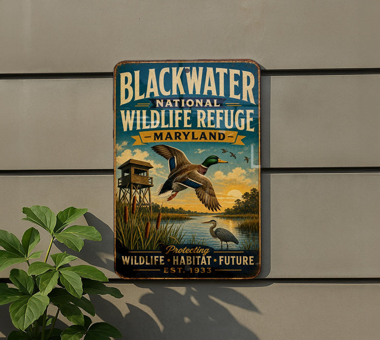 A metal sign for the Blackwater National Wildlife Refuge in Maryland, featuring a duck and a bird in flight against a backdrop of a lake and a sunset.