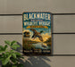 A metal sign for the Blackwater National Wildlife Refuge in Maryland, featuring a duck and a bird in flight against a backdrop of a lake and a sunset.