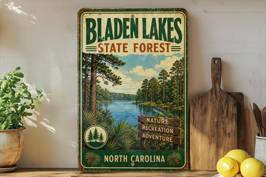 A vintage-style sign for Bladen Lakes State Forest in North Carolina, featuring a scenic image of the lake surrounded by pine trees and a blue sky.