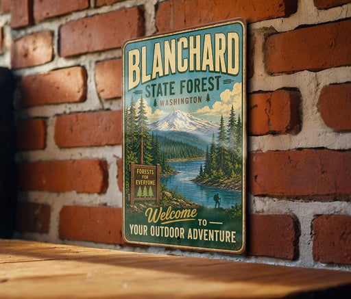 A vintage-style metal sign for Blanchard State Forest in Washington, featuring a scenic mountain landscape and inviting visitors to "Welcome to your outdoor adventure".