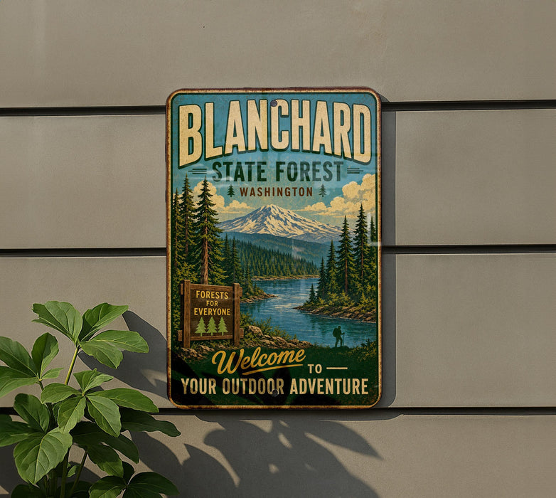 A vintage-style metal sign for Blanchard State Forest in Washington, featuring a scenic landscape with pine trees, a river, and a mountain.
