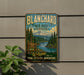 A vintage-style metal sign for Blanchard State Forest in Washington, featuring a scenic landscape with pine trees, a river, and a mountain.