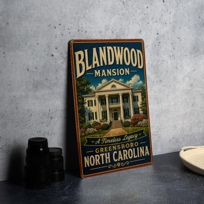 A vintage-style sign for the Blandwood Mansion in Greensboro, North Carolina, featuring an illustration of the mansion and the text "A Timeless Legacy" and "A Greensboro North Carolina".