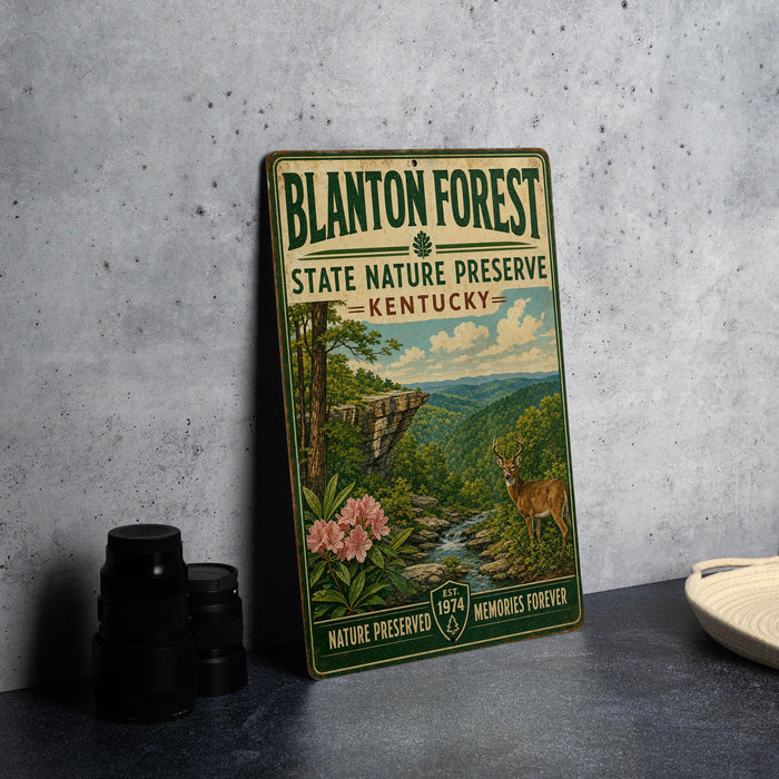 A vintage-style metal sign for Blanton Forest State Nature Preserve in Kentucky, featuring a scenic illustration of the forest and wildlife.