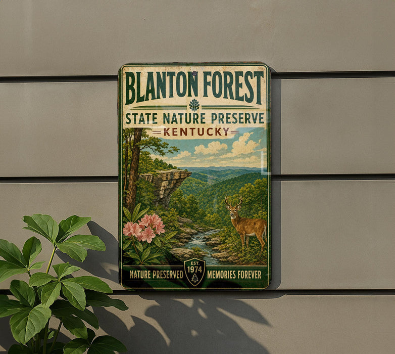 A vintage-style metal sign for Blanton Forest State Nature Preserve in Kentucky, featuring a scenic landscape with a deer and flowers.