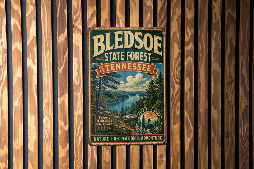 A vintage-style metal sign for Bledsoe State Forest in Tennessee, featuring a scenic landscape with a lake and mountains.