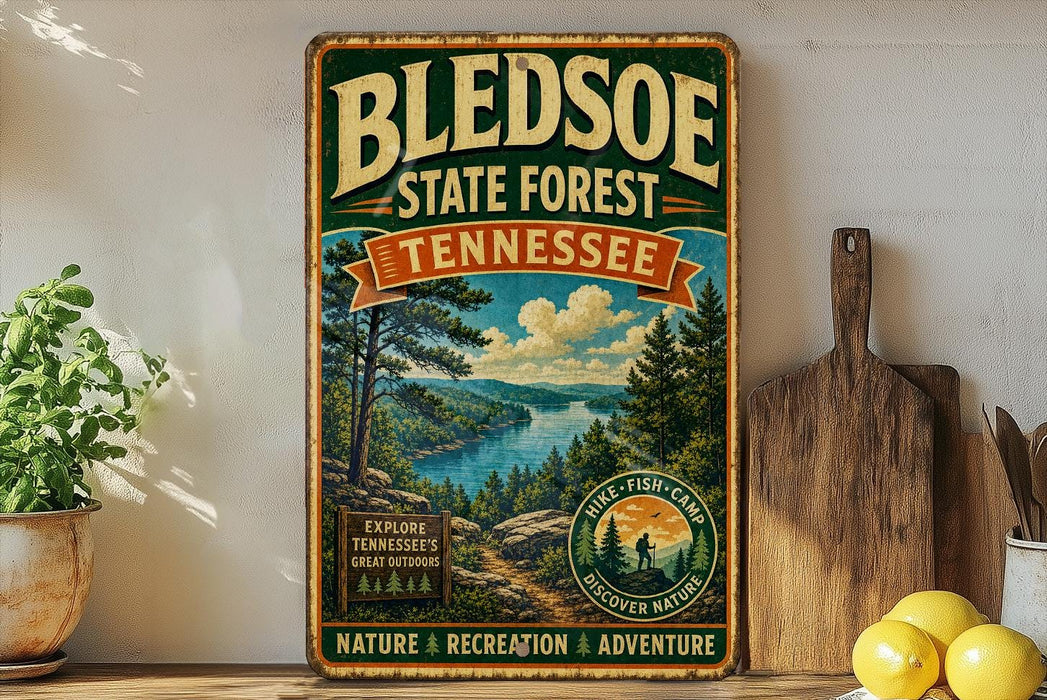 A vintage-style metal sign for Bledsoe State Forest in Tennessee, featuring a scenic landscape with pine trees, a river, and mountains.