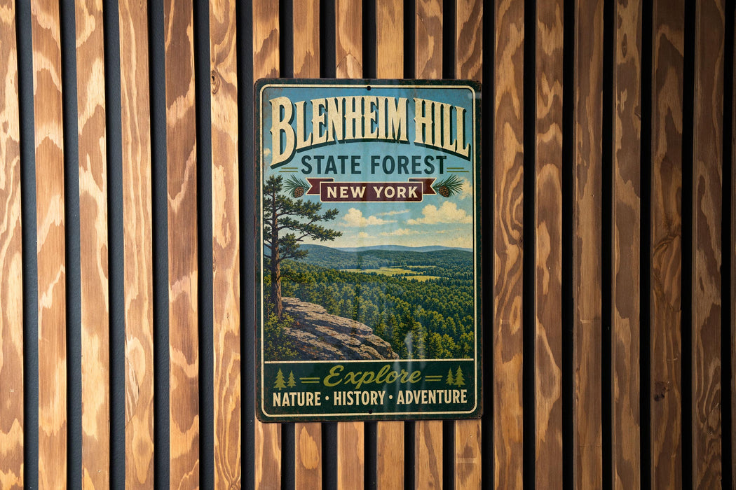 A vintage-style metal sign for Blenheim Hill State Forest in New York, featuring a scenic landscape with pine trees and mountains.