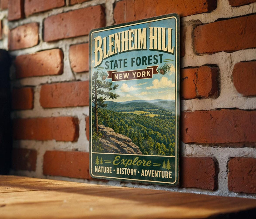 A vintage-style metal sign for Blenheim Hill State Forest in New York, featuring a scenic landscape with pine trees and a mountain.
