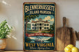 A vintage-style sign for Blennerhaslett Island mansion in West Virginia, featuring an illustration of the mansion and a river.