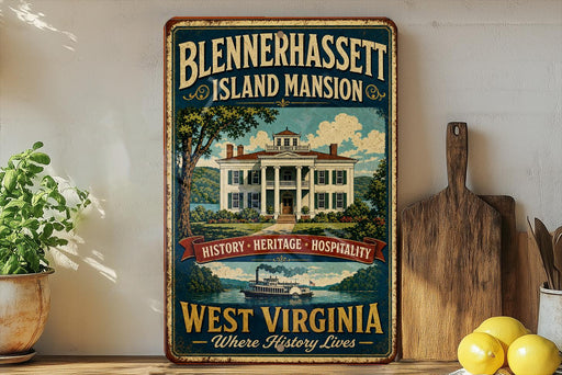 A vintage-style sign for Blennerhaslett Island mansion in West Virginia, featuring an illustration of the mansion and a river.