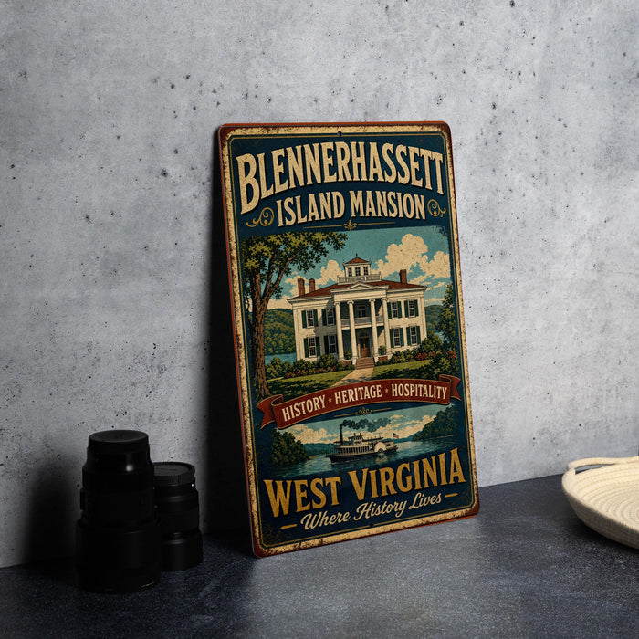 A vintage-style sign for Blennerhaslett Island mansion in West Virginia, featuring an illustration of the mansion and a river.