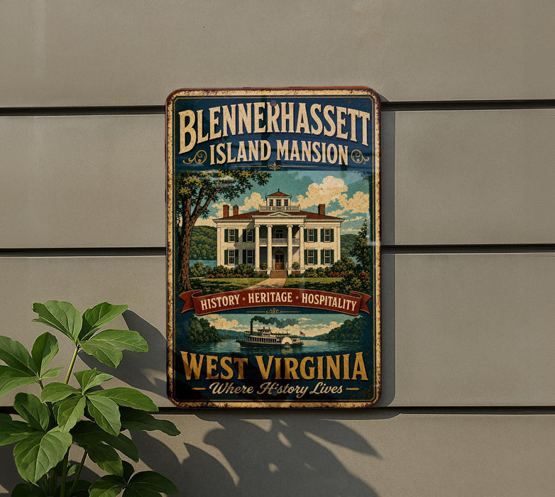 A vintage-style metal sign for Blennerhaslett Island mansion in West Virginia, featuring an illustration of the mansion and a river.