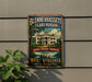 A vintage-style metal sign for Blennerhaslett Island mansion in West Virginia, featuring an illustration of the mansion and a river.