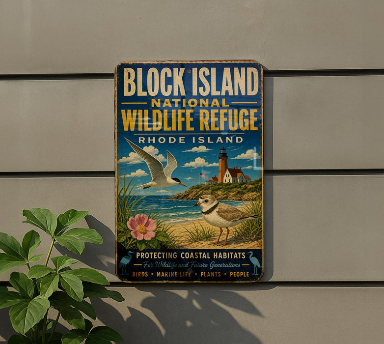 a vintage-style metal sign for the Block Island National Wildlife Refuge in Rhode Island, depicting a seagull flying over a beach with a lighthouse in the background.
