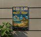 a vintage-style metal sign for the Block Island National Wildlife Refuge in Rhode Island, depicting a seagull flying over a beach with a lighthouse in the background.