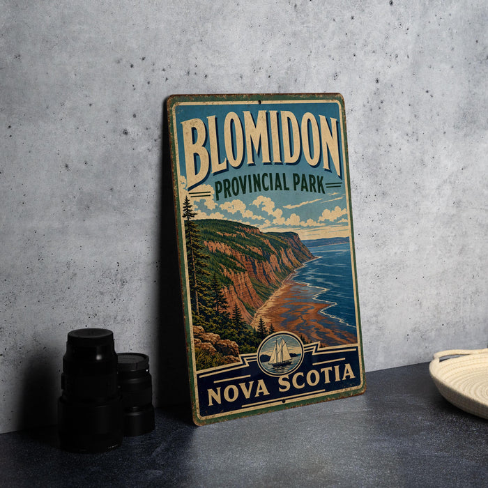 A vintage-style metal sign for Blomidon Provincial Park in Nova Scotia, featuring a scenic coastal landscape with cliffs and a ship in the distance.